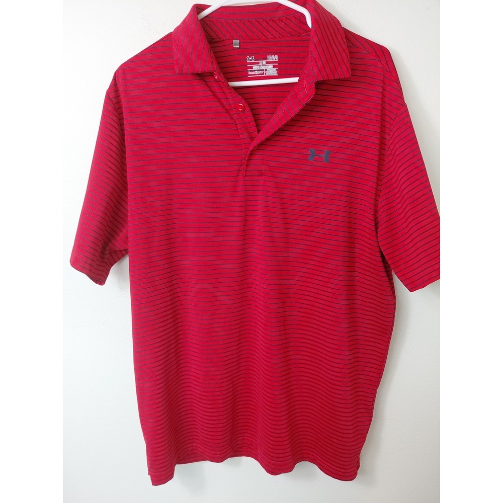 Under Armour Polo Shirt Mens L Red Striped Loose Heat Gear Golf Performance